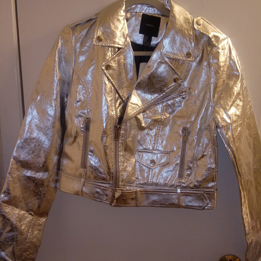 Metallic silver moto jacket